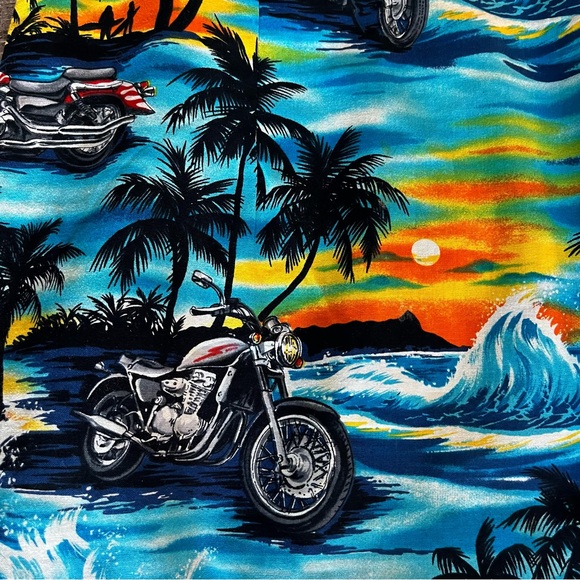 K Y’s made in Hawaii bright cotton sheath dress with palm trees & motorcycles L - Picture 3 of 8